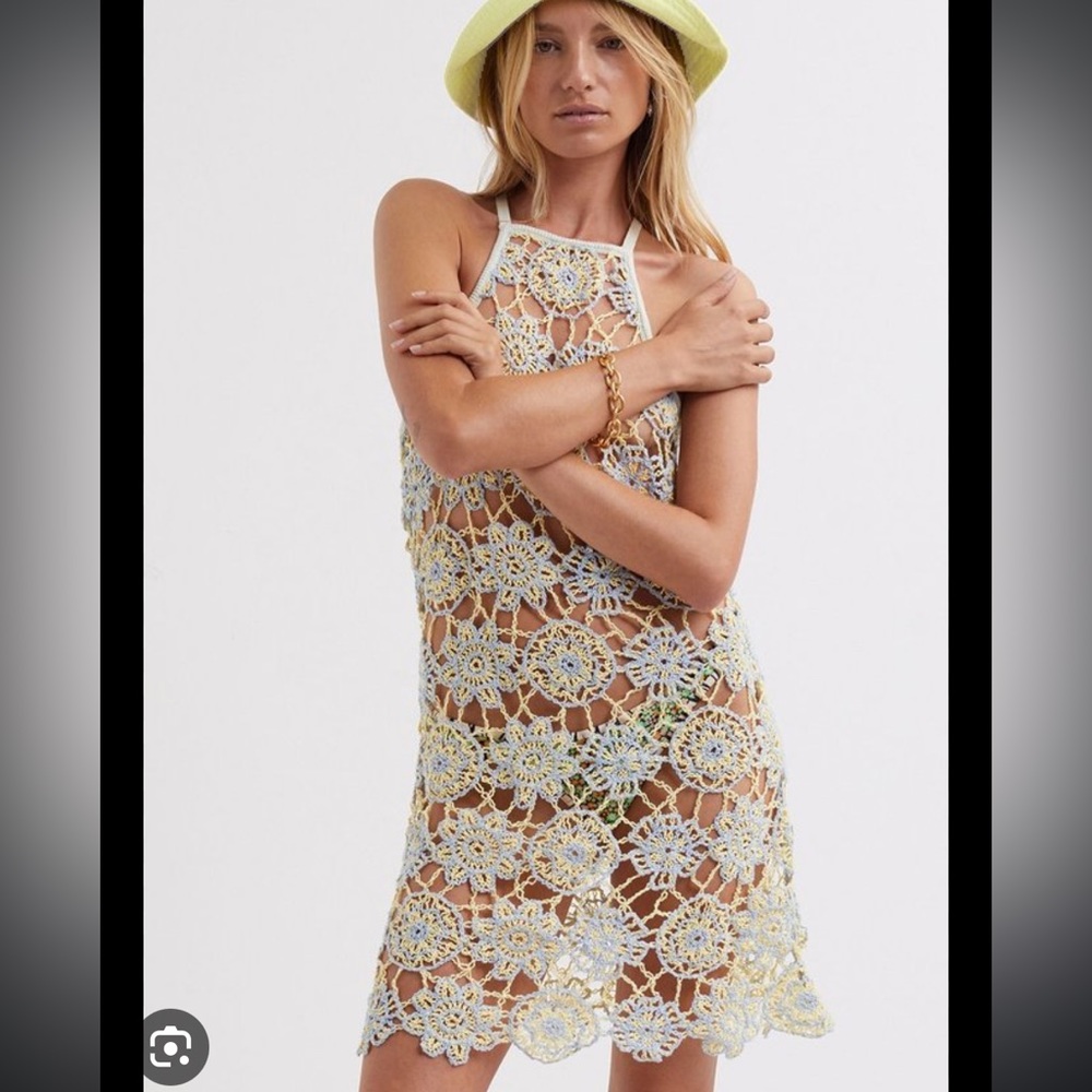 For Love & Lemons Crochet Mini Dress in Pastel Yellow and Light Blue